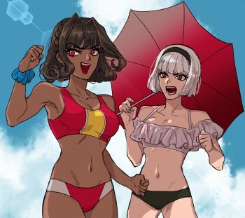 2girls absurdres alternate_costume angry bikini black_bikini black_hairband blue_sky braid breasts brown_hair clenched_hand cloud cloudy_sky commentary_request cowboy_shot crown_braid dark-skinned_female dark_skin decepticon frilled_bikini frills genderswap genderswap_(mtf) hair_intakes hairband hand_up highres holding holding_umbrella humanization kotobukiya_bishoujo looking_at_viewer megatron megatron_(kotobukiya_bishoujo) multiple_girls navel open_mouth parasol red_bikini red_eyes scrunchie short_hair sky smile solo sports_bikini starscream starscream_(kotobukiya_bishoujo) sun_glare swimsuit tatamintatamin teeth transformers umbrella upper_teeth_only white_bikini white_hair wrist_scrunchie
