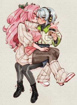 alternate_costume anby_demara blush coffee deertripetri grey_hair kiss kissing_cheek multiple_girls nicole_demara pink_hair size_difference sweater yuri zenless_zone_zero