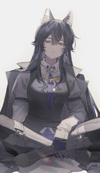 Rule 34 | 1girl, absurdres, animal ear fluff, animal ear piercing, animal ears, arknights, arm strap, arm support, backlighting, between fingers, black hair, black jacket, black pantyhose, black vest, blue eyes, blue gloves, blue hair, blue necktie, blue shorts, boots, breasts, cigarette, closed mouth, collared shirt, colored inner hair, commentary, crossed bangs, dress shirt, expressionless, fingerless gloves, fingernails, fold-over boots, full body, gloves, gradient background, hair between eyes, hair flowing over, half-closed eyes, head tilt, high collar, highres, holding, holding cigarette, indian style, jacket, jacket on shoulders, jsjdndhidnshssj, lapels, long hair, long sleeves, looking at viewer, medium breasts, multicolored eyes, multicolored hair, muted color, necktie, notched lapels, official alternate costume, open clothes, open jacket, pantyhose, piercing, sepia background, shade, shirt, short shorts, shorts, sitting, slit pupils, smoke, smoke trail, solo, straight-on, straight hair, texas (arknights), texas the omertosa (arknights), torn clothes, torn necktie, two-tone background, two-tone eyes, two-tone hair, vest, white background, white boots, white shirt, wing collar, wolf ears, wolf girl, yellow eyes