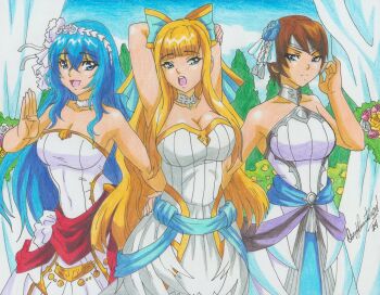 3girls :d absurdres arms_behind_head arms_up bare_arms bare_shoulders blonde_hair blue_eyes blue_hair bow breasts bride brown_hair caeda_(fire_emblem) caeda_(talys's_bride)_(fire_emblem) charlotte_(fire_emblem) charlotte_(money_maiden)_(fire_emblem) choker cleavage covered_navel dress fire_emblem fire_emblem:_mystery_of_the_emblem fire_emblem:_path_of_radiance fire_emblem_fates fire_emblem_heroes hair_bow highres looking_at_viewer medium_breasts multiple_girls nintendo official_alternate_costume open_mouth outdoors ravernclouk short_hair smile tanith_(bridal)_(fire_emblem) tanith_(fire_emblem) wedding_dress white_choker