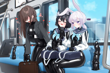 3girls absurdres animal_ear_fluff animal_ears badge bag black_hair blue_neckerchief blush bodysuit breasts brown_hair change_in_common_sense dildo dildo_riding grey_hair highres impossible_bodysuit impossible_clothes latex latex_bodysuit long_hair maguro27 medium_breasts medium_hair multiple_girls neckerchief nipple_piercing open_mouth original phone piercing purple_eyes sailor_collar sex_toy shrug_(clothing) sitting skin_tight train