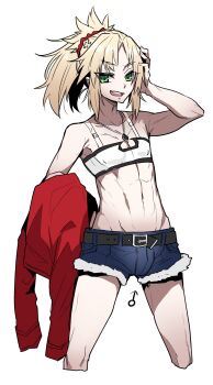 1boy abs adonis_belt androgynous arm_up arrow_(symbol) bandeau belt belt_buckle black_belt blonde_hair blue_shorts buckle bulge covered_erect_nipples cowboy_shot cutoffs denim denim_shorts fate/apocrypha fate_(series) genderswap genderswap_(ftm) green_eyes hair_ornament hair_scrunchie hand_on_own_head hand_up haoro highres hip_bones holding holding_unworn_clothes holding_jacket holding_unworn_clothes jacket jewelry linea_alba looking_at_viewer male_focus mars_symbol medium_hair micro_shorts mordred_(fate) mordred_(fate/apocrypha) mordred_(memories_at_trifas)_(fate) navel necklace open_mouth parted_bangs pendant ponytail red_jacket red_scrunchie scrunchie short_shorts shorts sidelocks simple_background smile solo standing strapless teeth toned toned_male trap tube_top unworn_jacket upper_teeth_only white_background white_bandeau