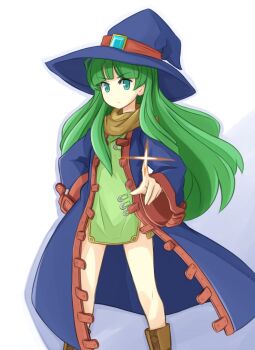 1girl alice_soft boots female_focus green_eyes green_hair long_hair looking_at_viewer masou_shizuka matching_hair/eyes pointing rance_(series) rance_quest sai_(bankoru) scowl sengoku_rance simple_background solo very_long_hair white_background