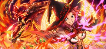 1girl blue_eyes blush breasts code_geass code_geass:_lost_stories f4samurai fire hat highres knightmare_frame kouzuki_kallen mecha official_art red_hair robot short_hair smile solo teeth witch witch_hat