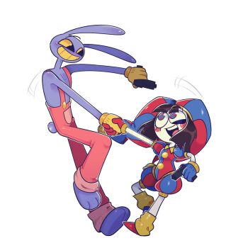 Rule 34 | 1boy, 1girl, animal ears, asymmetrical gloves, barefoot, blue eyes, blue gloves, blush, brown hair, colored skin, colored teeth, dancing, full body, gloves, gun, hat, highres, holding, holding gun, holding weapon, jax (the amazing digital circus), jester cap, jester costume, looking at another, medium hair, motion lines, multicolored eyes, open mouth, pink suspenders, pomni (the amazing digital circus), puffy short sleeves, puffy sleeves, purple skin, rabbit boy, rabbit ears, red eyes, red gloves, short sleeves, simple background, smile, suspenders, teeth, the amazing digital circus, two-tone eyes, upper teeth only, vaprexn, weapon, white background, yellow eyes, yellow gloves, yellow teeth