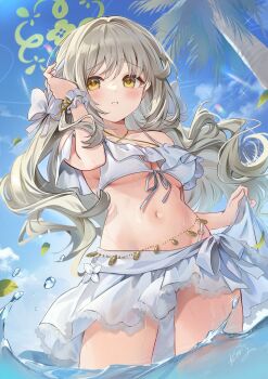 Rule 34 | 1girl, alternate costume, bare shoulders, bikini, blue archive, blue sky, cloud, floating hair, halo, hand up, highres, kita (kitairoha), long hair, looking at viewer, miyo (blue archive), navel, outdoors, parted lips, sky, standing, stomach, swimsuit, white bikini, yellow eyes