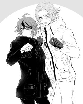 Rule 34 | 2boys, :d, ahoge, alternate costume, aotsuki eito, blush, breast pocket, commentary request, cowboy shot, drawstring, glasses, gloves, greyscale, hand up, hands up, highres, jacket, looking at another, male focus, mokugyo100, monochrome, multicolored hair, multiple boys, open mouth, pants, pocket, short hair, smile, streaked hair, sumino takumi, sweatdrop, the hundred line -last defense academy-, two-tone hair