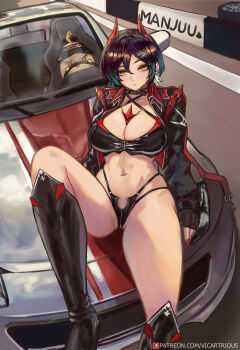 1girl absurdres alternate_breast_size_(larger) azur_lane black_gloves black_hair boots breasts car cleavage commentary crop_top cropped_jacket english_commentary expressionless fingerless_gloves gloves hair_between_eyes hair_ornament hairclip highres horns jacket knee_boots knee_up large_breasts manjuu_(azur_lane) medium_hair motor_vehicle multi-strapped_panties multicolored_hair navel on_car open_clothes open_jacket panties red_nails sitting slit_pupils solo thighs two-tone_hair ulrich_von_hutten_(azur_lane) ulrich_von_hutten_(ignition_matrician)_(azur_lane) underwear vicarious white_hair yellow_eyes