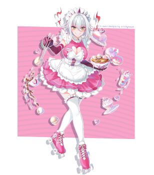 1girl apron artist_name bow bowl breasts chopsticks cleavage clothing_cutout corset cup cupcake donut dress egg_(food) elbow_gloves food frilled_dress frills gloves heart heart_cutout highres holding holding_bowl holding_chopsticks inline_skates large_breasts macaron maid_headdress milkshake name_tag noodles pink_bow pink_dress purple_gloves roller_skates shadow skates smile solo spoon srinitybeast teacup thighhighs virtual_youtuber vshojo waitress white_apron white_corset white_hair white_thighhighs yellow_eyes zentreya