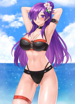 1girl 2023 absurdres alternate_costume armband arms_up bare_shoulders bikini black_bikini black_choker black_swimsuit blue_sky breasts cameltoe choker cleavage cloud commentary commission cowboy_shot day female_focus female_shez_(fire_emblem) female_shez_(summer)_(fire_emblem) fire_emblem fire_emblem:_three_houses fire_emblem_heroes fire_emblem_warriors:_three_hopes flower gluteal_fold groin hair_bun hair_flower hair_ornament hair_over_one_eye hazuki_(nyorosuke) highres jewelry large_breasts leaf long_hair looking_at_viewer navel necklace nintendo official_alternate_costume open_mouth pink_flower purple_eyes purple_hair skeb_commission sky smile standing stomach swimsuit thigh_strap thighs very_long_hair