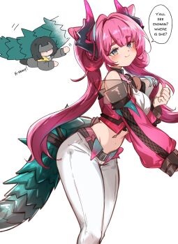 2girls arknights arknights:_endfield arya_melati bare_shoulders belt black_belt black_horns blush_stickers commentary covered_navel crop_top cropped_jacket diamond_in_eye dot_nose dragon_girl dragon_horn dragon_horns endministrator_(arknights) english_commentary english_text eye_mask female_endministrator_(arknights) from_side green_tail groin hair_intakes hair_on_horn highres horns jacket long_hair long_sleeves looking_at_viewer mask midriff multicolored_horns multiple_girls pants pink_hair pink_horns pink_jacket simple_background speech_bubble twintails two-tone_horns very_long_hair white_pants wide_sleeves yvonne_(arknights)