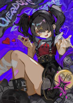 1girl :d @_@ absurdres ame-chan_(needy_girl_overdose) asamineru bandaged_leg bandages bandaid bandaid_on_leg black_eyes black_hair black_ribbon black_shoes black_skirt commentary_request hair_ornament hair_over_one_eye high-waist_skirt highres holding holding_syringe long_hair neck_ribbon needy_girl_overdose open_mouth red_shirt ribbon scar scar_on_arm self-harm self-harm_scar shirt shoes skirt smile solo suspender_skirt suspenders syringe twintails x_hair_ornament