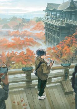 1boy absurdres architecture autumn autumn_leaves bag black_hair black_pants bridge camera commentary_request east_asian_architecture highres jacket leaf male_focus orange_tree original pamphlet pants people railing shigre shoes shoulder_bag tree white_shoes