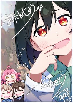 Rule 34 | 4girls, ahoge, birthday, blush, brown hair, closed eyes, commentary, dated, fang, finger in own mouth, green hair, long hair, looking at viewer, love live!, love live! nijigasaki high school idol club, medium hair, mifune shioriko, multiple girls, nakasu kasumi, one eye closed, orange eyes, osaka shizuku, pink hair, repunit, short hair, tennoji rina, translation request, upper body, yellow eyes