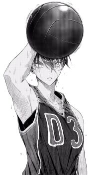 1girl arm_up armpits ball bare_shoulders basketball_(object) basketball_uniform breasts collarbone commentary dark-skinned_female dark_skin earrings hair_between_eyes highres holding holding_ball jewelry looking_to_the_side may_(ulularts) original parted_lips short_hair simple_background solo sportswear stud_earrings sweat symbol-only_commentary tank_top tomboy ulularts upper_body white_background