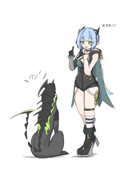 1girl animal_ears black_boots black_choker black_horns black_unitard blue_hair boots braid breasts choker clenched_hand collarbone commentary_request ethereal_(zenless_zone_zero) full_body goat_ears goat_girl goat_horns goat_tail green_eyes gusumandesuyo highres hood horns index_finger_raised knee_strap long_hair looking_at_another lucia_elowen medallion medium_breasts open_mouth pointy_ears simple_background single_bare_shoulder single_sleeve tail twin_braids white_background zenless_zone_zero