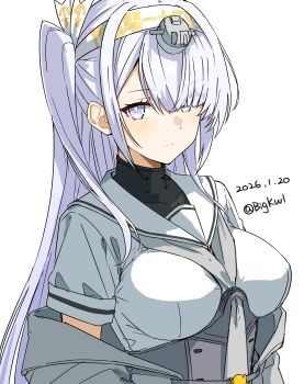 Rule 34 | 1girl, absurdres, bigkwl, blush, breasts, closed mouth, commentary, dated commentary, fuyutsuki (kancolle), grey jacket, headband, highres, jacket, kantai collection, large breasts, long hair, looking at viewer, off shoulder, one side up, purple eyes, purple hair, school uniform, serafuku, shirt, short sleeves, simple background, solo, turtleneck, upper body, white background, white headband, white shirt