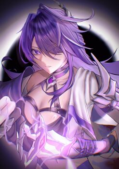 1girl absurdres acheron_(honkai:_star_rail) ahoge armor bandages breasts choker cleavage commentary crop_top detached_sleeves hair_ornament hair_over_one_eye highres honkai:_star_rail honkai_(series) jacket large_breasts lightning long_hair midriff_peek open_clothes open_jacket orangeponzu parted_lips purple_eyes purple_hair scabbard sheath shoulder_armor single_detached_sleeve strap unsheathing very_long_hair white_streaks