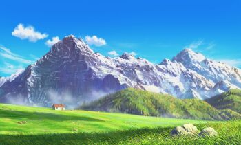 absurdres blue_sky cloud commentary_request day fog grass grasslands highres house landscape mountain no_humans original outdoors pei_(sumurai) scenery sky