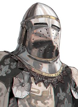 Rule 34 | 1other, aoin, armor, bascinet, coat of arms, commentary request, covered face, facing viewer, fleur-de-lis, gorget, helm, helmet, heraldry, hounskull, original, portrait, rondel, simple background, solo, surcoat, white background