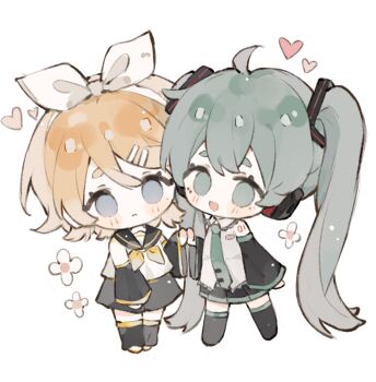 2girls :d ahoge arm_warmers bare_shoulders black_boots black_leg_warmers black_sailor_collar black_shorts black_skirt black_sleeves blonde_hair blue_eyes blush_stickers boots bow_hairband chibi chibi_only closed_mouth collared_shirt detached_sleeves double-parted_bangs full_body green_eyes green_hair green_necktie grey_shirt hairband hatsune_miku headset heart highres kagamine_rin leg_warmers long_hair long_sleeves miniskirt multiple_girls neckerchief necktie open_mouth pleated_skirt sailor_collar shirt shoes short_hair shorts simple_background skirt sleeveless sleeveless_shirt smile standing thick_eyebrows thigh_boots thighhighs twintails very_long_hair vocaloid white_background white_hairband white_shirt white_shoes yellow_neckerchief zettai_ryouiki zhixiao