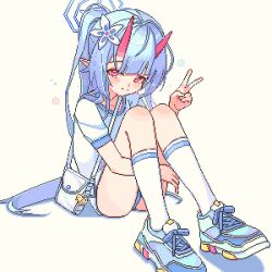 Rule 34 | 1girl, 2049 (hh5566), ass, bag, blue archive, blue footwear, blue hair, blue halo, blush, chise (blue archive), closed mouth, flower, full body, hair flower, hair ornament, halo, horns, long hair, looking at viewer, pixel art, pointy ears, ponytail, red eyes, red horns, shirt, shoes, short sleeves, shoulder bag, simple background, sitting, socks, solo, v, white background, white flower, white shirt, white socks