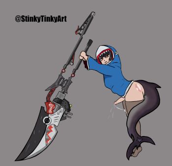 1futa ass black_hair breasts cum cum_on_body cum_on_legwear cum_on_legs ellen_joe fins fish_tail frown futanari glaring leaning_on_weapon leggings medium_breasts no_panties no_pants orange_eyes penis shark_girl shark_hoodie shark_tail solo tail thick_thighs thighs weapon zenless_zone_zero