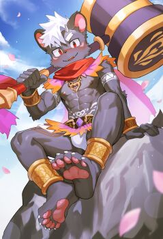 1boy abs absurdres animal_ears barefoot blue_sky blush bulge claws cloud commentary_request crave_saga furry furry_male hammer highres holding holding_hammer looking_at_viewer male_focus male_underwear muscular muscular_male navel nipples on_rock open_mouth over_shoulder panther_boy panther_ears panther_tail pawpads pectorals red_scarf scarf shota shotsua_(crave_saga) sitting sky smile tail taro_bandit underwear weapon weapon_over_shoulder white_male_underwear