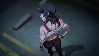 Rule 34 | 10s, 1boy, androgynous, ass, bare shoulders, black hair, black nails, collar, copyright name, from above, full body, hand on own hip, highres, hoshi kirara, jujutsu kaisen, looking at viewer, looking back, medium hair, midriff, night, official art, one eye closed, outdoors, piercing, purple eyes, spiked collar, spikes, standing, star-shaped pupils, star (symbol), symbol-shaped pupils, trap, wide hips