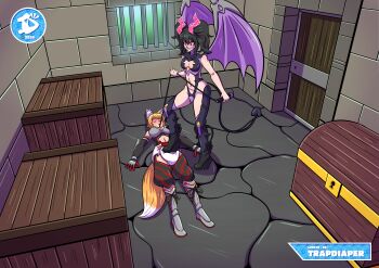 Rule 34 | 2girls, abdl, absurdres, after fight, animal ears, bdsm, clean diaper, collar, collar and leash, commission, crotch grab, crotch rub, defeat, demon girl, demon horns, demon tail, demon wings, diaper, domination, female focus, femdom, foot on crotch, female footjob, forced dressing, fox ears, fox girl, fox tail, highres, horns, humiliation, kitsune, leash, leash pull, multiple girls, sarayah, slave, tail, trap-diaper, unconscious, wings