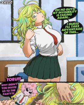 1boy 2girls absurdres ashido_mina black_sclera boku_no_hero_academia breasts colored_sclera colored_skin daimus_raw green_eyes green_hair hagakure_toru hand_on_another's_head hetero highres horns implied_fellatio large_breasts long_hair messy_hair multiple_girls open_mouth pink_hair pink_skin short_hair thick_thighs thighs veins