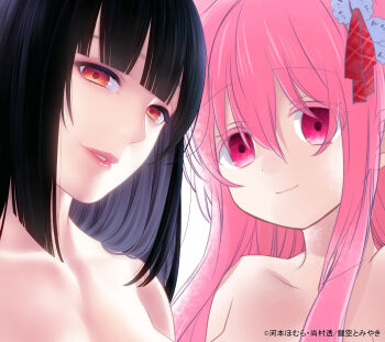 artist_collaboration black_hair collarbone crazy crazy_eyes crossover empty_eyes happy_sugar_life highres hime_cut jabami_yumeko kagisora_tomiyaki kakegurui lips long_hair looking_at_viewer matsuzaka_satou naomura_tooru official_art orange_eyes pink_eyes pink_hair portrait smile white_background