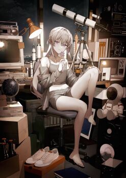 1girl astronaut bare_legs barefoot bottle box camisole celestial_globe chair cityscape collarbone commentary_request computer computer_keyboard crt desk_lamp feet grey_camisole grey_hair grey_shorts hair_between_eyes helmet highres indoors knee_up lamp legs long_hair looking_at_viewer model monitor navel night on_chair original purple_eyes radio rocket scissors shoes shorts sidelocks sitting sky smile solo space_helmet spacesuit speaker tamitami telescope toes unworn_shoes window