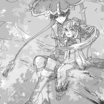 1boy 1girl anklet arm_at_side armlet arms_at_sides asymmetrical_sidelocks belt bloomers blunt_ends bodysuit bow commentary_request cross-shaped_pupils crossed_legs detached_sleeves dress falling_leaves fingernails genshin_impact greyscale hair_between_eyes hair_ornament hakama hakama_shorts hand_up hat heart heart_hair_ornament height_difference highres japanese_clothes jewelry jingasa juban kimono layered_sleeves leaf leaf_hair_ornament leg_warmers long_hair looking_at_another looking_up mandarin_collar monochrome nahida_(genshin_impact) open_clothes open_hand open_kimono open_mouth outdoors pleated_shorts pointy_ears rope scaramouche_(genshin_impact) shimizumikann short_sleeves shorts shoulder_peek side_cape side_ponytail sidelocks sitting_on_branch stirrup_legwear symbol-shaped_pupils toeless_legwear toeless_socks toes tree_shade tsurime underwear wanderer_(genshin_impact) wispy_bangs