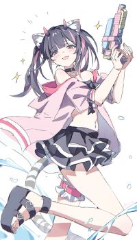 Rule 34 | 1boy, animal ears, black choker, cho kaguya-hime!, choker, commentary request, crossdressing, crossdressing (mtf), from below, highres, holding, holding water gun, horns, komazawa noi, m yiil77, male focus, multicolored hair, navel, navel piercing, piercing, platform sandals, sandals, smile, solo, sparkle, swimsuit, tail, thigh strap, twintails, water drop, water gun, white background