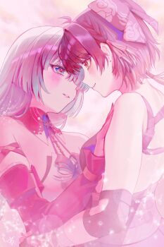 2girls bare_shoulders black_bow black_hair blush bow breasts closed_mouth commentary_request elbow_pads eye_contact female_rover_(wuthering_waves) from_side grey_hair hair_bow hair_ribbon hand_on_another's_shoulder highres long_hair looking_at_another medium_breasts multiple_girls parted_lips phrolova_(wuthering_waves) ribbon rover_(wuthering_waves) shikuwata smile wuthering_waves yellow_eyes yellow_ribbon yuri