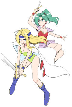 Rule 34 | 2girls, aqua eyes, armor, blonde hair, blue boots, blue eyes, blue headband, boots, bracer, breasts, cape, celes chere, cleavage, dede (qwea 00000), earrings, fighting stance, final fantasy, final fantasy vi, floating, frown, full body, furrowed brow, gold trim, green hair, green leotard, hair bobbles, hair ornament, headband, highres, holding, holding sword, holding weapon, jewelry, leotard, long hair, medium breasts, multiple girls, open mouth, parted bangs, pink sash, ponytail, red boots, red leotard, sash, shoulder armor, strapless, strapless leotard, sword, tina branford, waist sash, weapon, white background, white cape