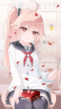 +_+ 1girl absurdres ahoge black_sailor_collar black_skirt black_thighhighs blue_archive blurry blurry_background blush buttons cake cardigan chestnut_mouth chinese_commentary commentary cowboy_shot cream dated excited eyes_visible_through_hair falling_petals fingernails food fork fruit hair_between_eyes hair_intakes halo hand_up heart heart-shaped_cake heart-shaped_food highres holding holding_fork indoors long_hair looking_at_viewer miniskirt natsu_(blue_archive) neckerchief open_mouth petals pink_hair pink_halo pleated_skirt red_eyes red_neckerchief sailor_collar school_uniform serafuku side_ponytail sidelocks sitting sjk_2411 skirt sleeves_past_wrists solo sparkle straight_hair strawberry teeth thighhighs upper_teeth_only v-shaped_eyebrows white_cardigan zettai_ryouiki