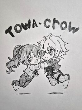 Rule 34 | 1boy, 1girl, absurdres, chibi, commentary, crow armbrust, double-parted bangs, eiyuu densetsu, english commentary, english text, floating hair, fur collar, graphite (medium), hair between eyes, highres, jacket, jumping, kai no kiseki, kuro no kiseki (series), long hair, mullet, ponytail, short hair, takuu (seadog6662), towa herschel, traditional media