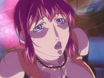 00s 1girl 2007 animated animated_gif anime_screenshot bare_shoulders bead_necklace beads bible_black bible_black_new_testament breasts detached_sleeves jewelry large_breasts lipstick long_sleeves makeup mature_female monk necklace nipples nun open_clothes purple_eyes red_hair religious revealing_clothes scared shin_bible_black short_hair sweat tagme takashiro_hiroko tight_clothes