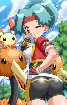 00s 1girl ass bike_shorts blue_hair blush cameltoe covered_erect_nipples doduo fingerless_gloves gen_1_pokemon gen_3_pokemon gloves hand_on_own_hip headband hip_focus looking_back nature nintendo one_eye_closed open_clothes open_shirt plusle pokemoa pokemon pokemon_(creature) pokemon_ranger_(series) pokemon_ranger_(game) pokemon_ranger_1 red_eyes shirt skin_tight solana_(pokemon) spandex sweat tight_clothes uniform wink