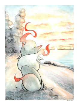 commentary_request dated full_body highres hisuian_zorua lake luckyfy nintendo no_humans outdoors painting_(medium) pokemon pokemon_(creature) sitting solo traditional_media watercolor_(medium) winter