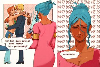 1boy 2girls absurdres angry bikini bikini_top_only blonde_hair blue_eyes blue_pants commentary dark-skinned_female dark_skin english_commentary green_bikini highres hug looking_at_viewer multiple_girls nami_(one_piece) nefertari_vivi one_piece orange_hair pants sanji_(one_piece) shabexzart swimsuit text_background wet