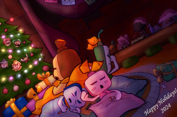 Rule 34 | 1girl, 2024, 6+boys, absurdres, blue skin, blush stickers, box, candy, candy cane, christmas, christmas lights, christmas tree, closed eyes, colored skin, connie (mario), dulles (mario), dutch angle, ecks (mario), ellow (mario), food, gift, gift box, happy holidays, hat, highres, holding, holding candy, holding candy cane, holding food, indoors, ireen (mario), loog (mario), luigi, mario, mario &amp; luigi: brothership, mario &amp; luigi rpg, mario (series), mimikabii, multiple boys, nintendo, peeking out, pink skin, princess peach, santa hat, scar, scar on face, shun (mario), sleeping, snoutlet (mario), ten (mario), twitter username