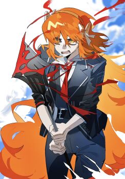 Rule 34 | 1girl, belt, black belt, black jacket, black pants, black vest, blood, collared shirt, cowboy shot, freckles, gala9960, green eyes, hashtag-only commentary, highres, holding, holding mace, holding weapon, ishmael (project moon), jacket, lapels, limbus company, long hair, mace, necktie, notched lapels, open mouth, orange hair, pants, project moon, red necktie, shirt, solo, thigh gap, very long hair, vest, weapon, white shirt