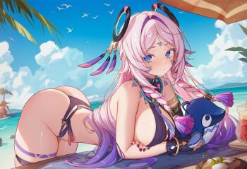 1girl alternate_costume ass bare_shoulders bikini blue_eyes blush braid breasts citlali_(genshin_impact) felonia genshin_impact gradient_hair hair_rings long_hair looking_at_viewer medium_breasts multicolored_hair pink_hair purple_hair solo swimsuit thigh_strap thong thong_bikini twin_braids very_long_hair