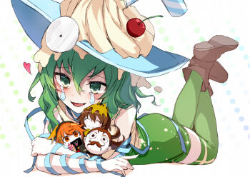 1girl bags_under_eyes blue_ribbon blush boots brown_boots cd character_doll cherry_hair_ornament cream crossed_legs crying doll dress emia_(castilla) food-themed_hair_ornament full_body green_dress green_eyes green_hair green_thighhighs hair_between_eyes hair_ornament hannakii hat heart highres hoemii holding holding_doll holding_stuffed_toy kimi_ga_shine looking_at_viewer lying on_stomach raised_inner_eyebrows ribbon satou_gashu solo stuffed_animal stuffed_toy tearing_up thighhighs toto_noel two-tone_dress wavy_hair wavy_mouth witch_hat yellow_dress