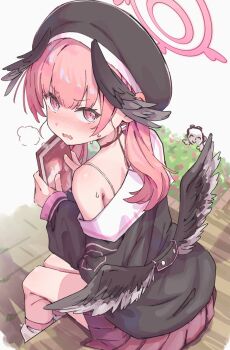 1boy 1girl black_hat black_wings blue_archive blush book doodle_sensei_(blue_archive) feathered_wings from_behind halo hat head_wings highres holding holding_book koharu_(blue_archive) long_hair looking_at_viewer looking_back low_wings outdoors pink_eyes pink_hair pink_halo pink_skirt school_uniform sensei_(blue_archive) shinshin_(ssnsn_oekaki) single_bare_shoulder sitting skirt solo_focus wings