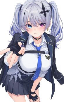 Rule 34 | 1girl, absurdres, black choker, black gloves, black jacket, black skirt, blue eyes, blue hair, blue necktie, blue streaks, blush, breasts, buckle, chest harness, choker, choppy bangs, closed mouth, collarbone, collared shirt, cross, cross-shaped pupils, cross hair ornament, fingerless gloves, gloves, gold trim, hair between eyes, hair intakes, hair ornament, hand on own thigh, hand up, harness, heterochromia, highres, inverted cross, jacket, jacket on shoulders, large breasts, light smile, long hair, long sleeves, looking at viewer, multicolored hair, nail polish, nameko houshi, necktie, neo-porte, pink eyes, pleated skirt, purple nails, shirt, simple background, skirt, snap-fit buckle, solo, standing, streaked hair, symbol-shaped pupils, tentei forte, tentei forte (2nd costume), thighs, three-quarter sleeves, twintails, v, virtual youtuber, white background, white hair, white shirt, wing collar