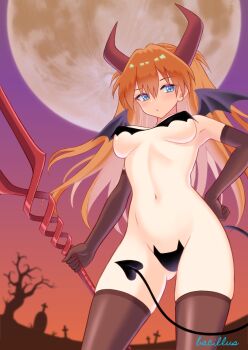 1girl bacillus blue_eyes breasts cosplay curvy demon_girl demon_girl_(cosplay) elbow_gloves full_moon gloves hair_between_eyes hair_down halloween halloween_costume hand_on_own_hip highres holding holding_lantern holding_weapon lance_of_longinus_(evangelion) lantern long_hair mini_wings moon neon_genesis_evangelion outdoors pasties revealing_clothes simple_background sky solo souryuu_asuka_langley standing tail tsundere weapon wide_hips wings